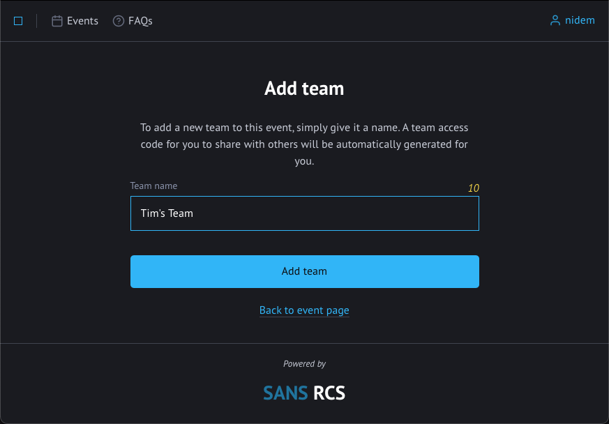 Create a Team by Seleting a Team Name